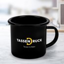 Schwarze Emaille-Tasse mit bedruckbarem Weißfeld -...