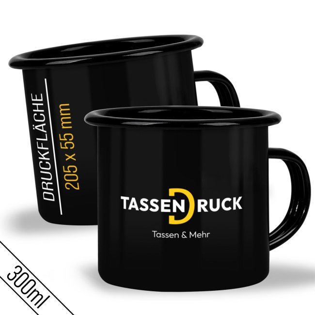 Schwarze Emaille-Tasse mit bedruckbarem Wei&szlig;feld - 300 ml - Druckbereich 205 x 55 mm