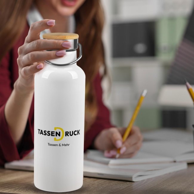 Trinkflasche aus Edelstahl mit Bambusdeckel - Wei&szlig;