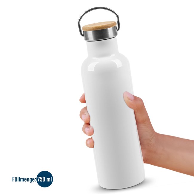 Trinkflasche aus Edelstahl mit Bambusdeckel - Wei&szlig; - 750 ml - ohne Druck