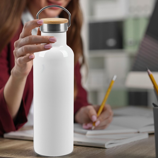 Trinkflasche aus Edelstahl mit Bambusdeckel - Wei&szlig; - 750 ml - ohne Druck