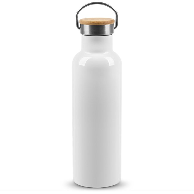 Trinkflasche aus Edelstahl mit Bambusdeckel - Wei&szlig; - 750 ml - ohne Druck