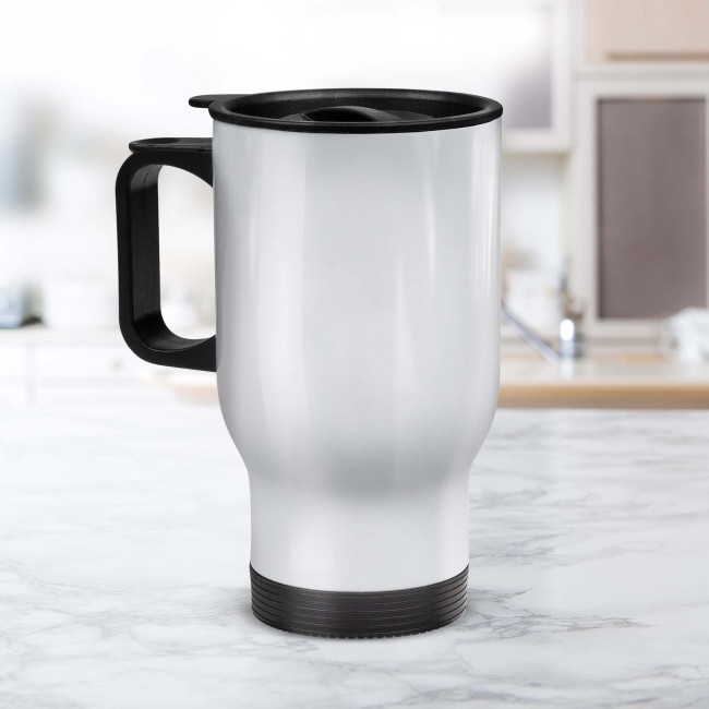 Edelstahl Thermobecher mit Henkel und Deckel - 400 ml - Wei&szlig; - ohne Druck