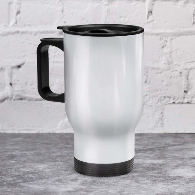 Edelstahl Thermobecher mit Henkel und Deckel - 400 ml - Wei&szlig; - ohne Druck