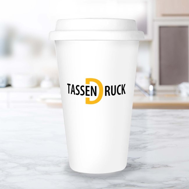 Coffee To Go Becher aus Porzellan - 275 ml - Wei&szlig; gl&auml;nzend - Druckbereich 150 x 100 mm