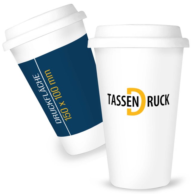 Coffee To Go Becher aus Porzellan - 275 ml - Wei&szlig; gl&auml;nzend - Druckbereich 150 x 100 mm