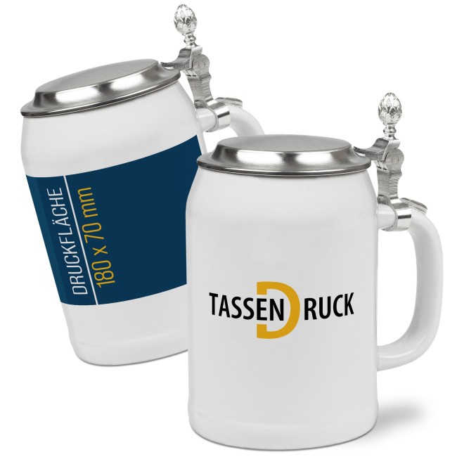 Bierkrug aus Keramik - 500 ml - Wei&szlig; - mit Deckel - inkl. Druck - Druckbereich 215 x 70mm