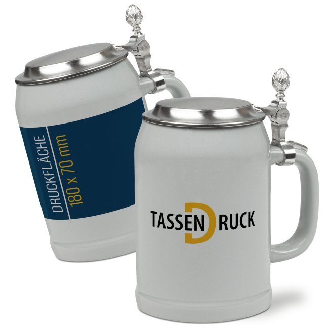 Bierkrug aus Keramik - 500 ml - Grau - mit Deckel - inkl. Druck - Druckbereich 215 x 70mm