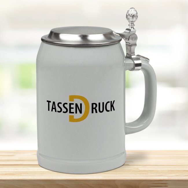 Bierkrug aus Keramik - 500 ml - Grau - mit Deckel - inkl. Druck - Druckbereich 215 x 70mm