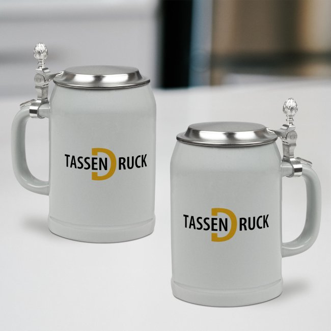 Bierkrug aus Keramik - 500 ml - Grau - mit Deckel - inkl. Druck - Druckbereich 215 x 70mm