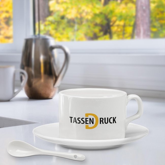 Tasse Potsdam - Porzellan wei&szlig; - mit Teller und L&ouml;ffel - 150 ml