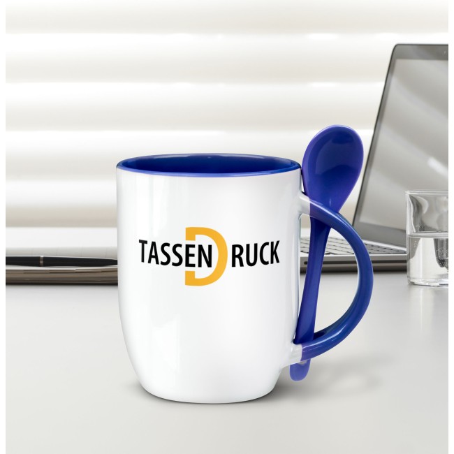Bauchige L&ouml;ffeltasse - 300 ml - Blau - inkl. Druck - Druckbereich 180 x 50 mm