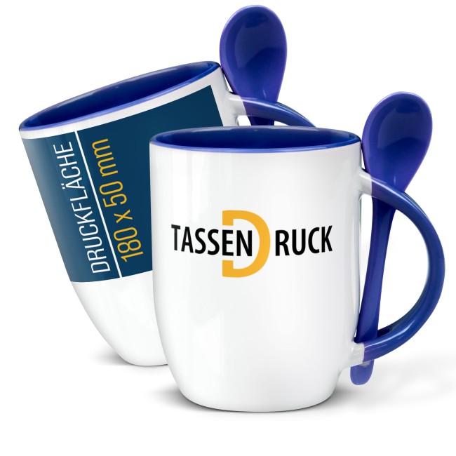 Bauchige L&ouml;ffeltasse - 300 ml - Blau - inkl. Druck - Druckbereich 180 x 50 mm