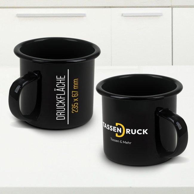 Schwarze Emaille-Tasse mit bedruckbarem Wei&szlig;feld - 480 ml
