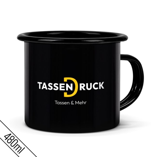Schwarze Emaille-Tasse mit bedruckbarem Wei&szlig;feld - 480 ml