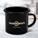 Schwarze Emaille-Tasse mit bedruckbarem Weißfeld -...