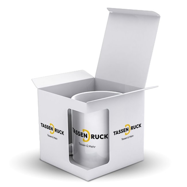 Bedruckte Geschenkverpackung mit Fenster f&uuml;r Tasse mit Logo - ab 100 St&uuml;ck